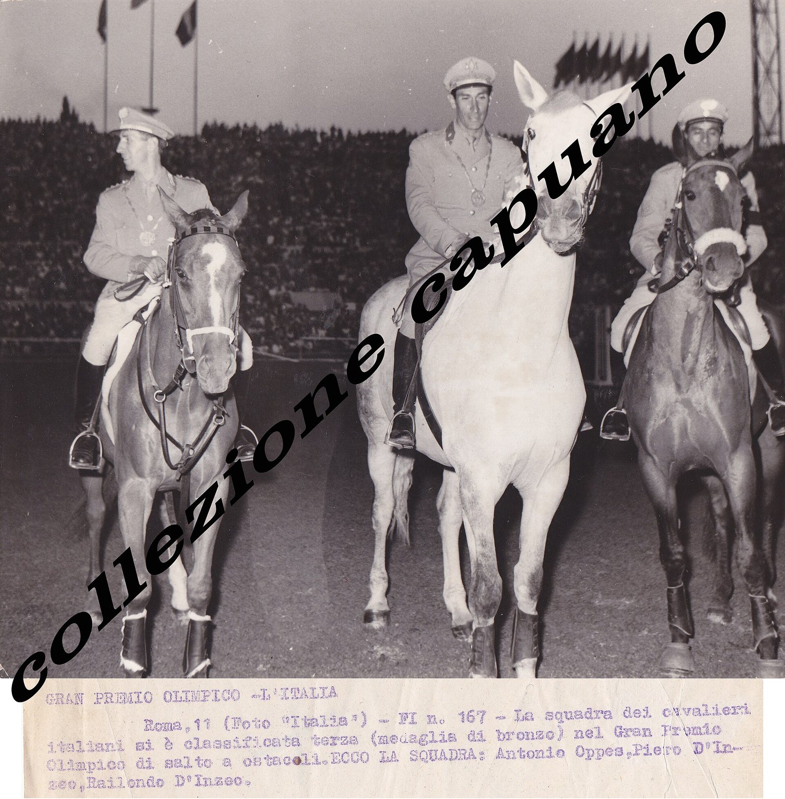 La squadra italiana di salto ostacoli a Roma 1960: Antonio Oppes, Piero D'Inzeo e Raimondo D'Inzeo a cavallo