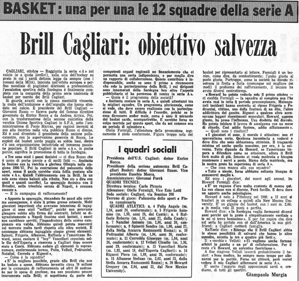 Pagina di giornale dell'ottobre 1969 con l'articolo Brill Cagliari: obiettivo salvezza